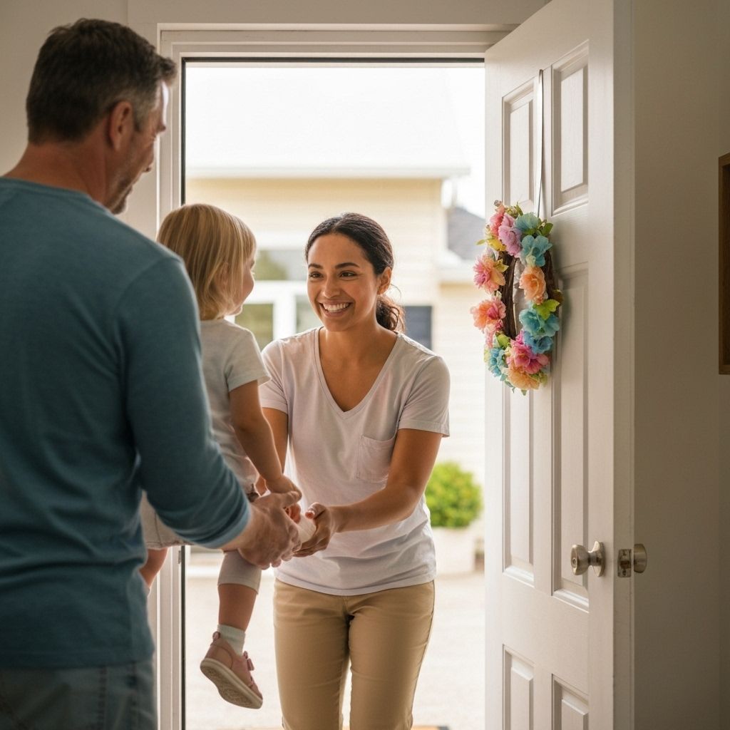 Parent and child meeting with friendly daycare educator